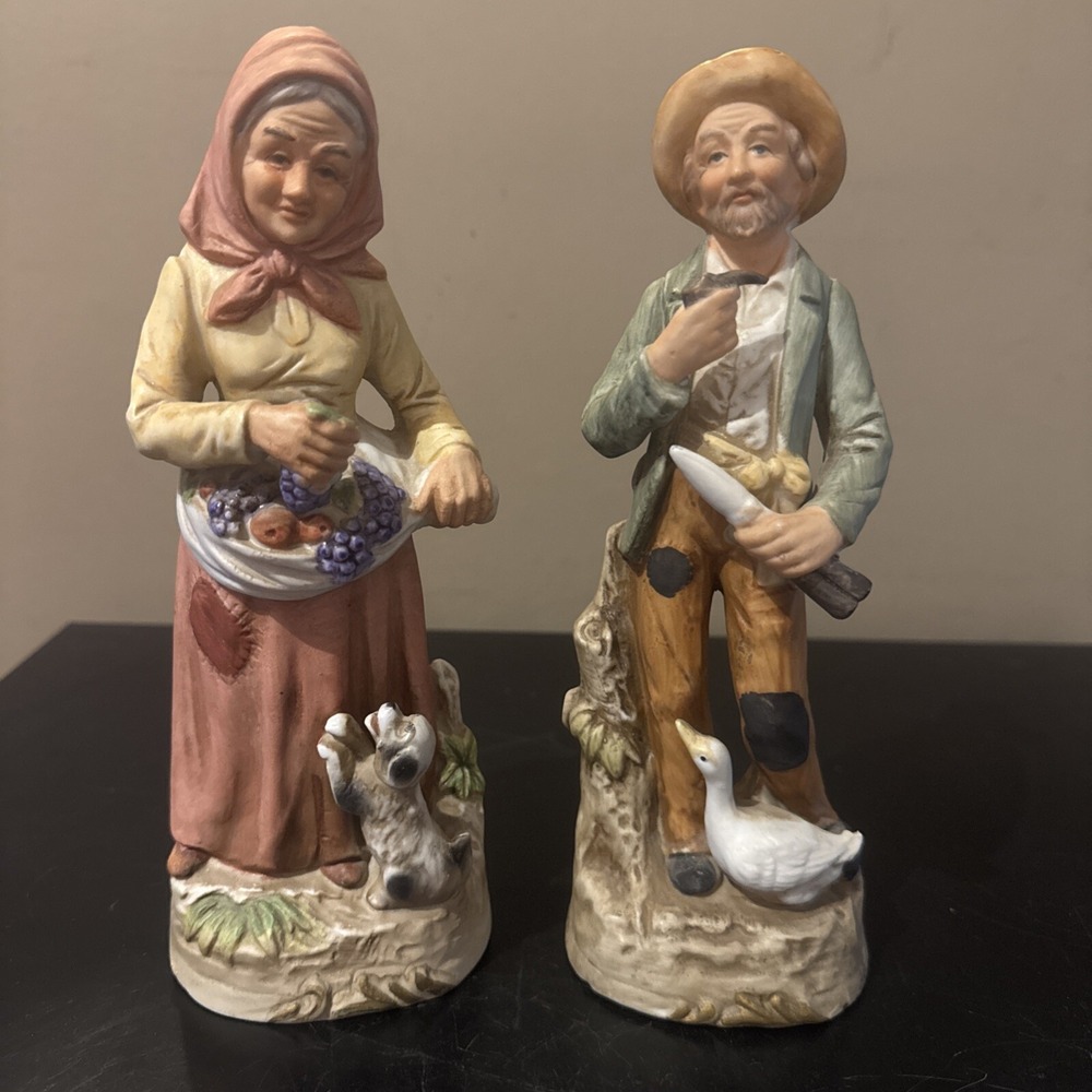 Vintage Pair Homco Home Interiors Porcelain Old Farmers Duck Puppy 1417 Figurine